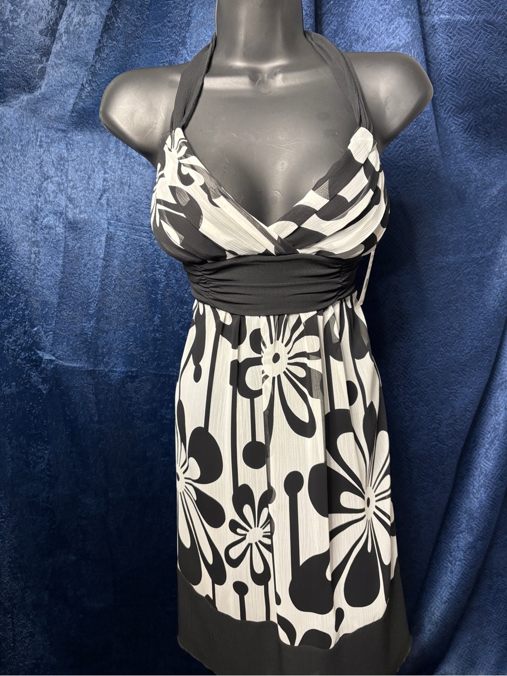 Three Hearts Black & White Floral Halter Midi Dress
